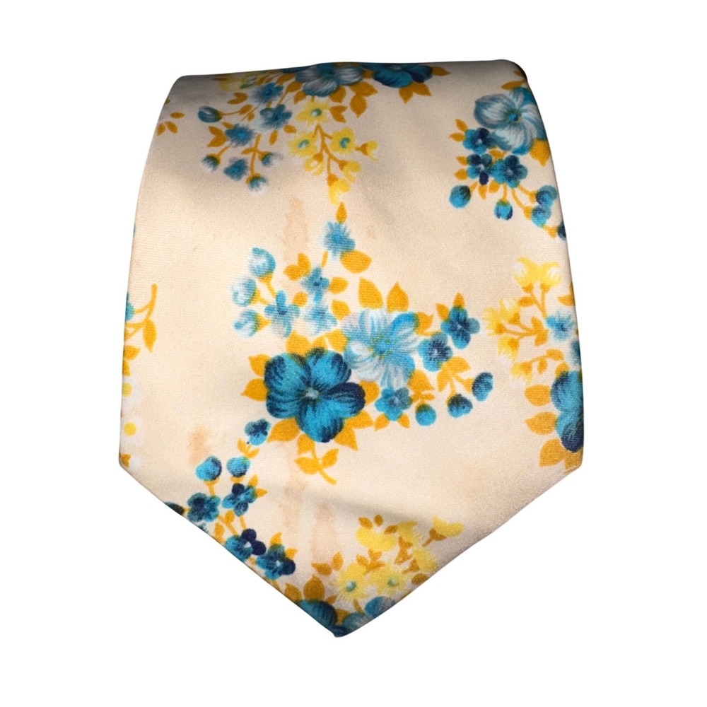 Vintage Verducci Floral Necktie Cream Blue Yellow Wide 70s Retro Polyester Tie